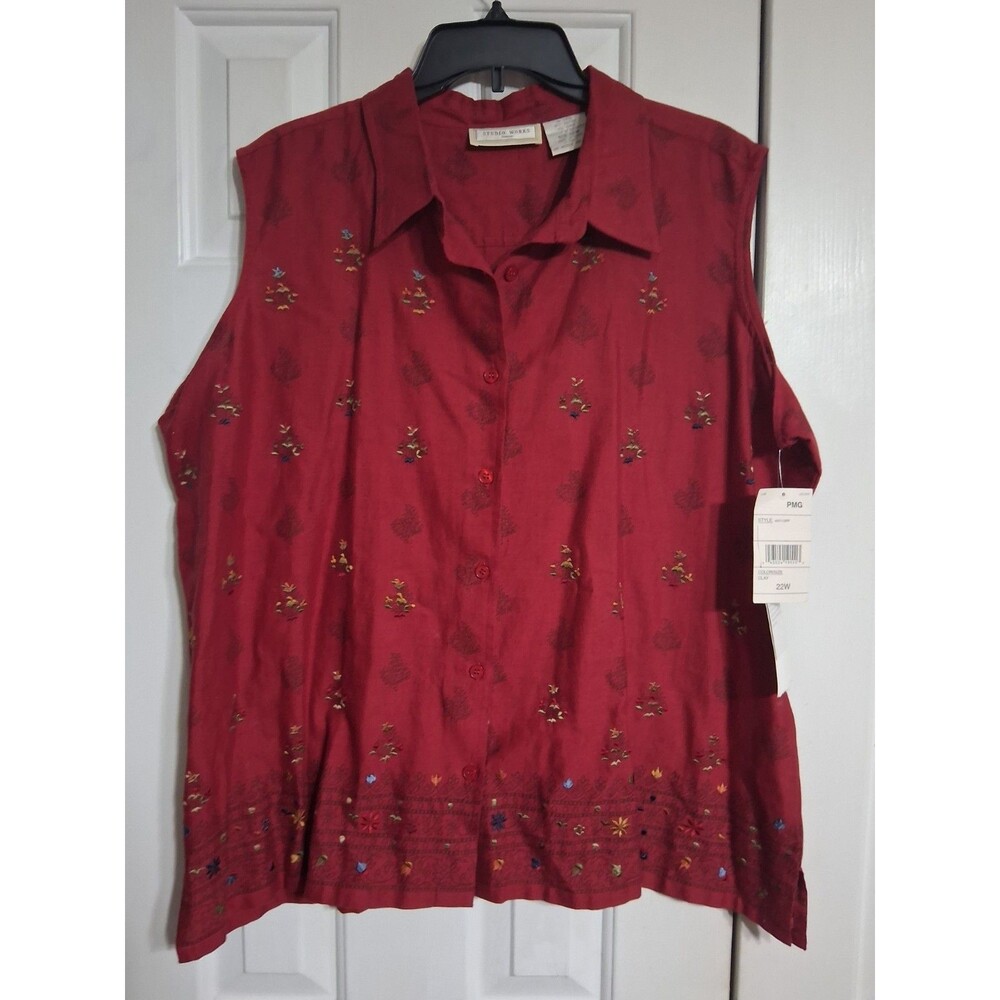 NWT Women's Studio Works Red Linen Blend Sleeveless Blouse Top Size 22W